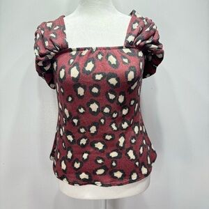 Burgundy Black & Cream Leopard Animal Print Ruched Short Sleeve Top by Ces Femme